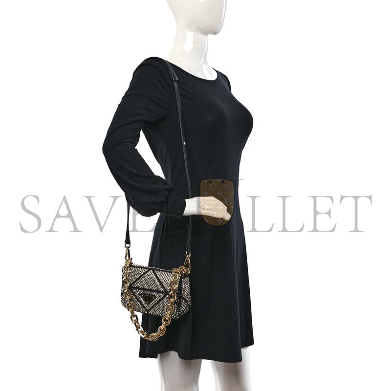 PRADA CRYSTAL MINI BAG WITH CHAIN BLACK 1BD329 (17*11.5*6cm)